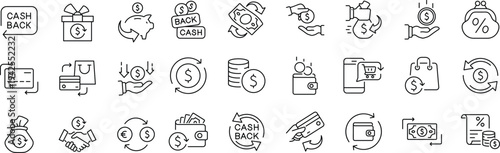 Cash Back Web Icon Set. Collection of Money Movement Linear Icons, Including return money, cashback, profit, payment, income, money, refund, gain, profit and More