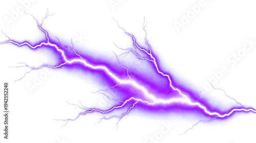 Purple lightning bolt with glow effect isolated on transparent background, electric shock illustration for energy and weather designs