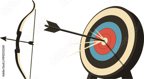 A classic archery bow stands ready for action beside a bullseye target with an arrow perfectly hitting the center, symbolizing precision and achievement.