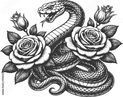 Vintage snake and rose tattoo engraving vector illustration
