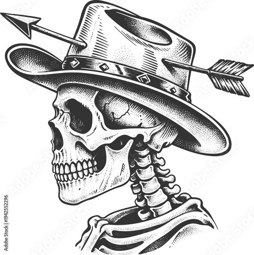 Cowboy skull with hat and arrow vintage engraving western vector illustration