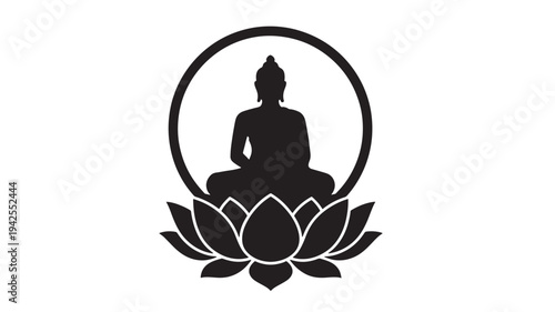 Buddha silhouette meditating in lotus flower with halo, simple graphic design featuring meditation, spiritual, zen with yoga and enlightenment