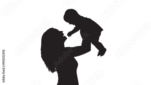 Silhouette of a mother joyfully lifting her baby in the air against a white background, symbolizing love and connection.