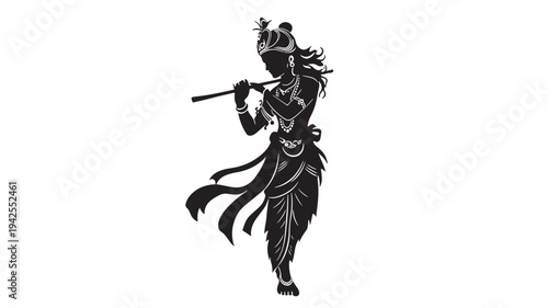 Lord Krishna silhouette playing flute, adorned with traditional Indian attire and jewelry, a divine depiction in black and white.