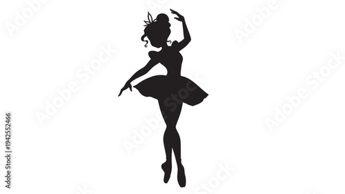 Silhouette of a ballerina in a tutu and pointe shoes, gracefully posing with elegant arms and hair bun.