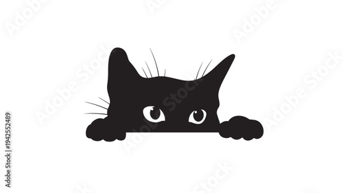 Black cat peeking over a surface with its paws and large eyes visible on a white background. featuring kitten, hiding, curious with playful and