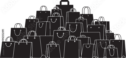 Black shopping bags stacked in a pyramid shape illustration