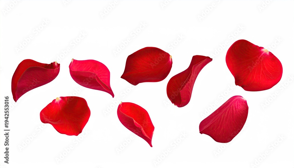 Fototapeta premium Scattered vibrant red rose petals against a bright white backdrop