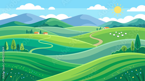 Illustration of a serene landscape with rolling green hills, trees, and a sunny sky with clouds in the background.