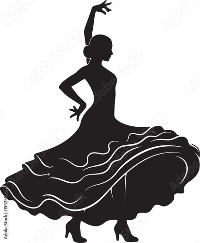 Silhouette of an elegant ballet dancer performing in a wide flowing dress. A graceful ballerina dancing in a flowing skirt.