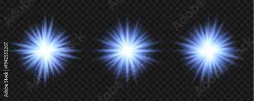 Collection of bright white starbursts and lens flares on a transparent background varying in shape