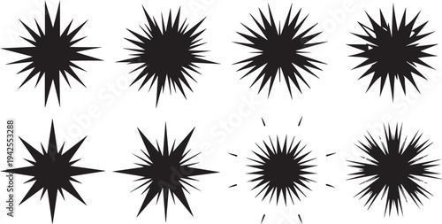 Collection of black explosion burst icons on white background