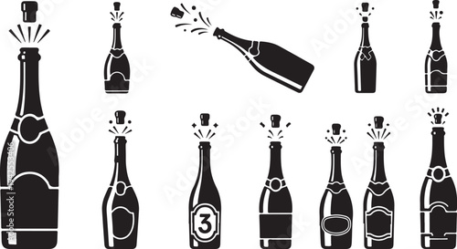 Black and white champagne bottles celebration icons set