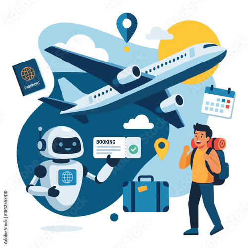 A traveler with a robot booking a flight near an airplane at the airport.