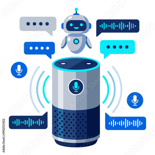 A robot interacts with a smart speaker emitting sound waves and chat bubbles.