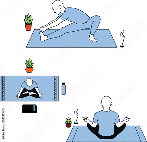 yoga class wellness meditation vector illustration showing people practicing yoga and mindfulness at home with digital fitness training concept