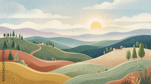 Illustration of a serene landscape with rolling hills, trees, and a sunny sky with clouds at sunset or sunrise.