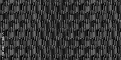 seamless cube grid metallic structure pattern square overlap gray gradient stripes wall and decoration maze textile paper triangle background.