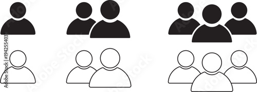 A neatly arranged display of user profile icons and groups of people silhouettes presented in both solid dark fill and simple outline styles