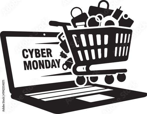 Cyber Monday shopping online concept with laptop and cart