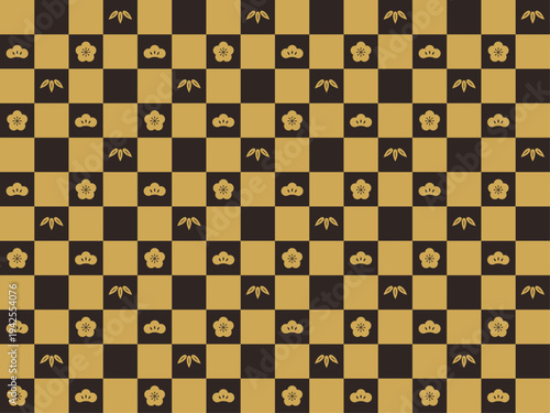 松竹梅の模様入りの黒と金色の市松模様　和柄シームレスパターン　縁起が良い松竹梅の柄入り和風背景画像ベクターイラスト