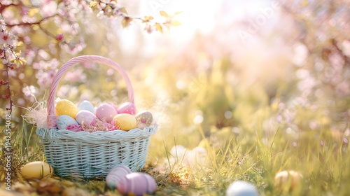 Pastel Easter basket filled with colorful eggs in a sunny spring meadow. Soft blossom background with bright morning light. Beautiful holiday celebration and seasonal nature scene.
