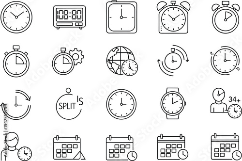 Large set of black line art time icons including analog clocks, digital timers, stopwatches, calendars, wristwatches, and global schedule symbols