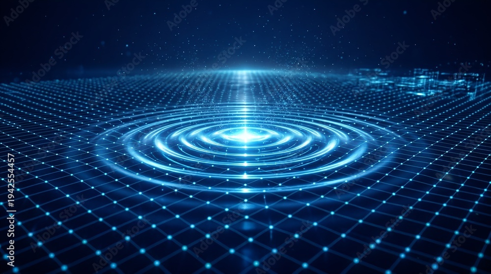 Fototapeta premium Abstract Digital Network with Glowing Light Ripples and Futuristic Grid Surface
