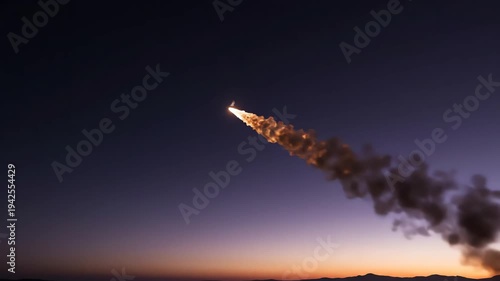 Powerful ballistic missile launch at twilight, leaving a bright fiery trail against a dramatic purple and orange sky, symbolizing military power, defense, and strategic operations during a missile