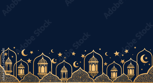 Islamic themed golden lanterns and crescent moon on dark blue background.