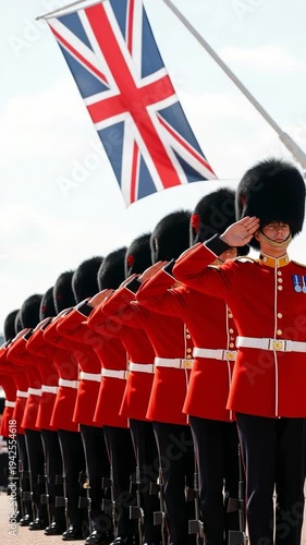 Male British Royal Guards in red tunics and bearskin hats saluting under a national flag