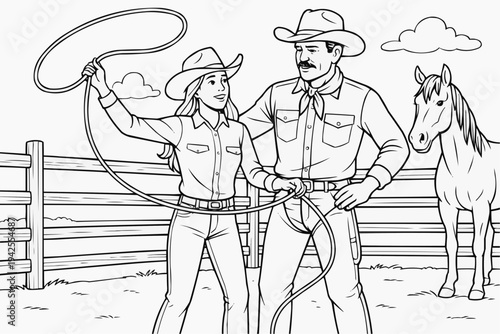 Coloring page for children - a cowboy teaches a young woman how to throw a lasso