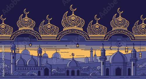 Islamic Architecture Silhouette with Golden Ornaments at Sunset.