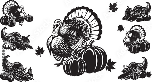 Thanksgiving Day Celebration with Turkey and Pumpkin Illustrations Black