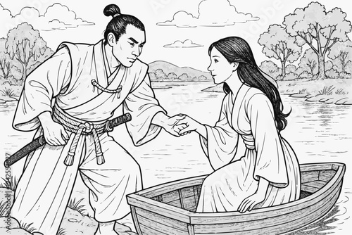 Coloring page for children - a samurai helps his beloved get out of a small wooden boat on the riverbank in a romantic setting