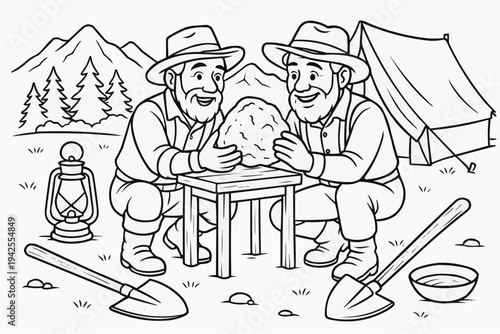 Coloring page for children - two prospectors studying a gold nugget