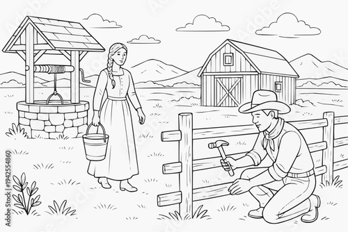Coloring page for children - a cowboy fixing a wooden fence