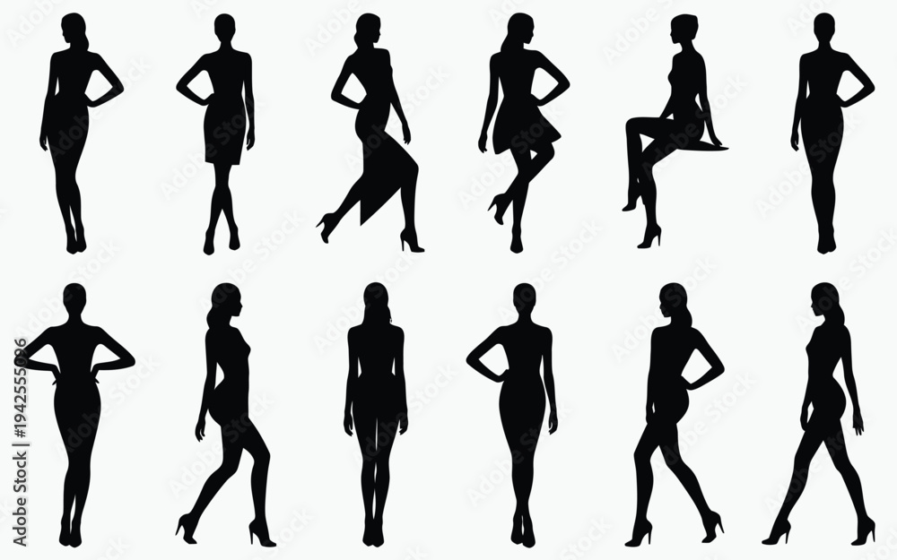 Fototapeta premium Set of black silhouettes of women in various poses high heels confident and elegant isolated on white background graphic resource for design