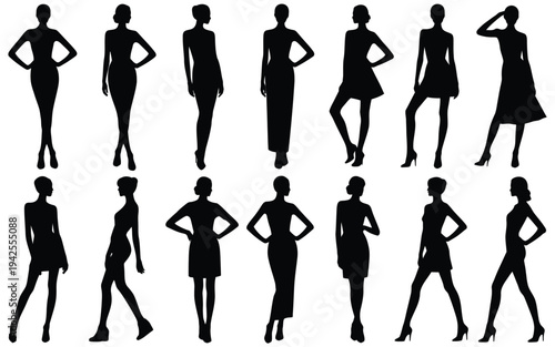 Collection of 12 black silhouettes of women in various poses and stylish outfits on white background