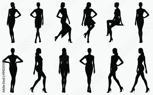 Set of black silhouettes of women in various poses high heels confident and elegant isolated on white background graphic resource for design