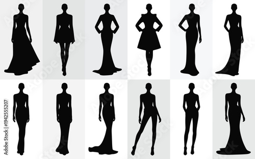 Collection of female and male silhouettes in various poses and outfits on white background for design
