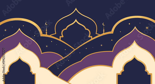 Islamic mosque pattern with purple and gold ornaments.