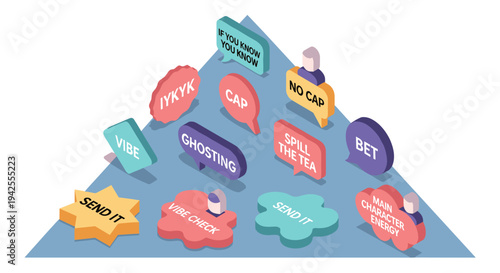 A vibrant isometric illustration features a pyramid of trending internet slang and social media phrases, perfect for modern communication concepts.