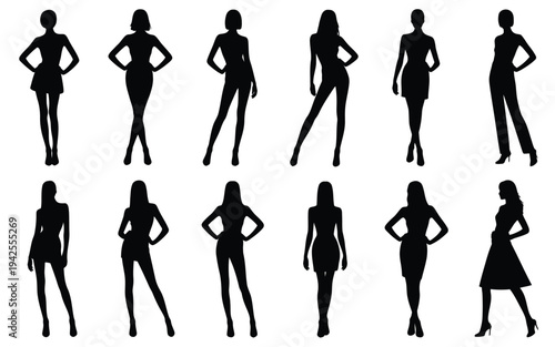Collection of confident women in various poses and outfits in black silhouette on white background for design and illustration