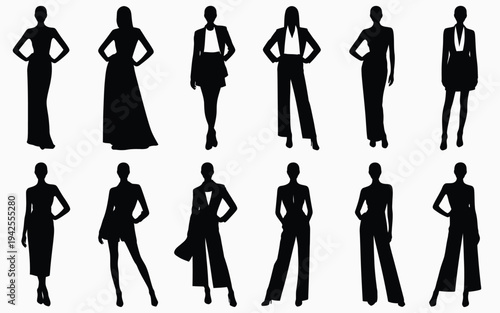 Collection of confident fashionably dressed women in various poses and outfits in black silhouette on white background