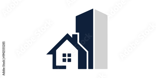 Minimalist real estate icon showing house and high-rise office building