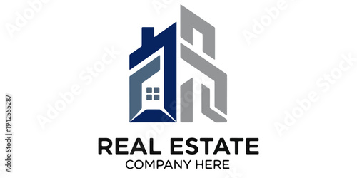Modern real estate logo featuring home and skyscraper silhouettes