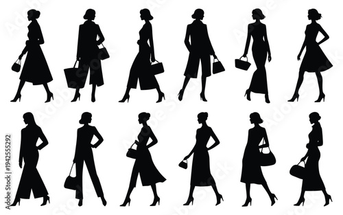 Set of black silhouettes of women walking in various poses and outfits with handbags on white background