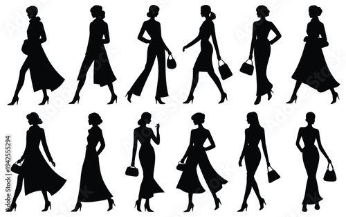 Silhouettes of women in various poses and dresses walking with handbags on white background
