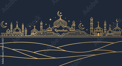 Islamic mosque and minarets silhouette with crescent moon and stars.